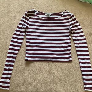 Striped Burgundy & White Long Sleeved Crop Top Brand: Forever 21